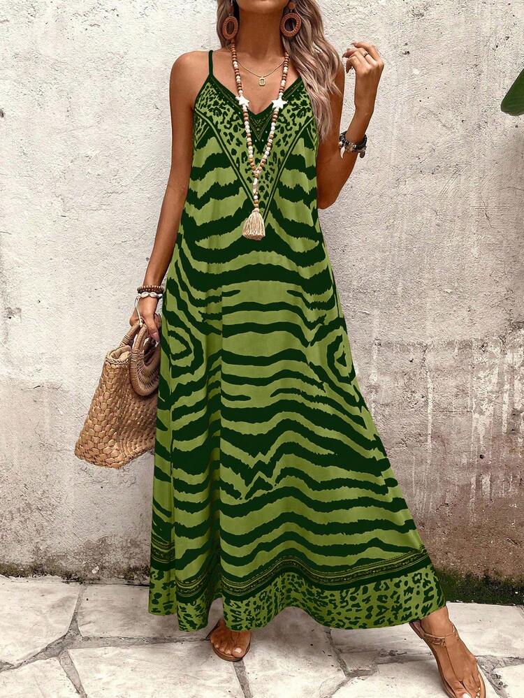 EMERY ROSE Women's Leopard Print Loose Maxi Slip Dress, Elegant For Daily Wear And Vacation, Summer - Olive Green - View 5