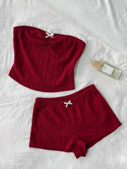 Elamini 2pcs Wine Red Knitted Cable Jacquard Fabric Contrast Ruffle Bow Decor Cropped Top And High Waisted Shorts Set, Women Spring/Summer Sweet Cute Casual Elegant Beach Holiday Vintage Versatile