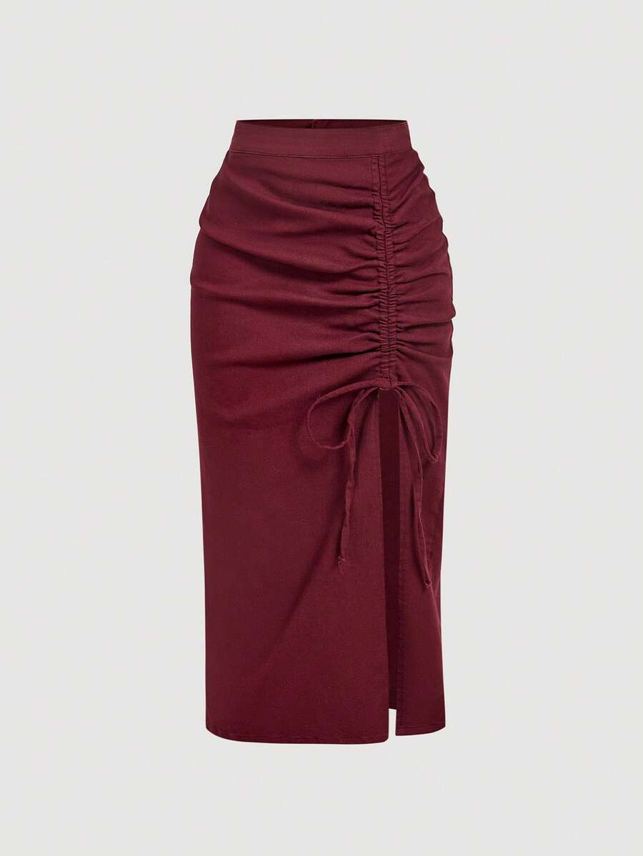 SHEIN MOD Women's Solid Color Side Drawstring Elegant Pencil Denim Skirt - Burgundy - View 1