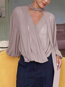 DAZY 1pc Women's Loose Fit Long Sleeve Tie Front Solid Color Shirt Vacation - Pink - View 5