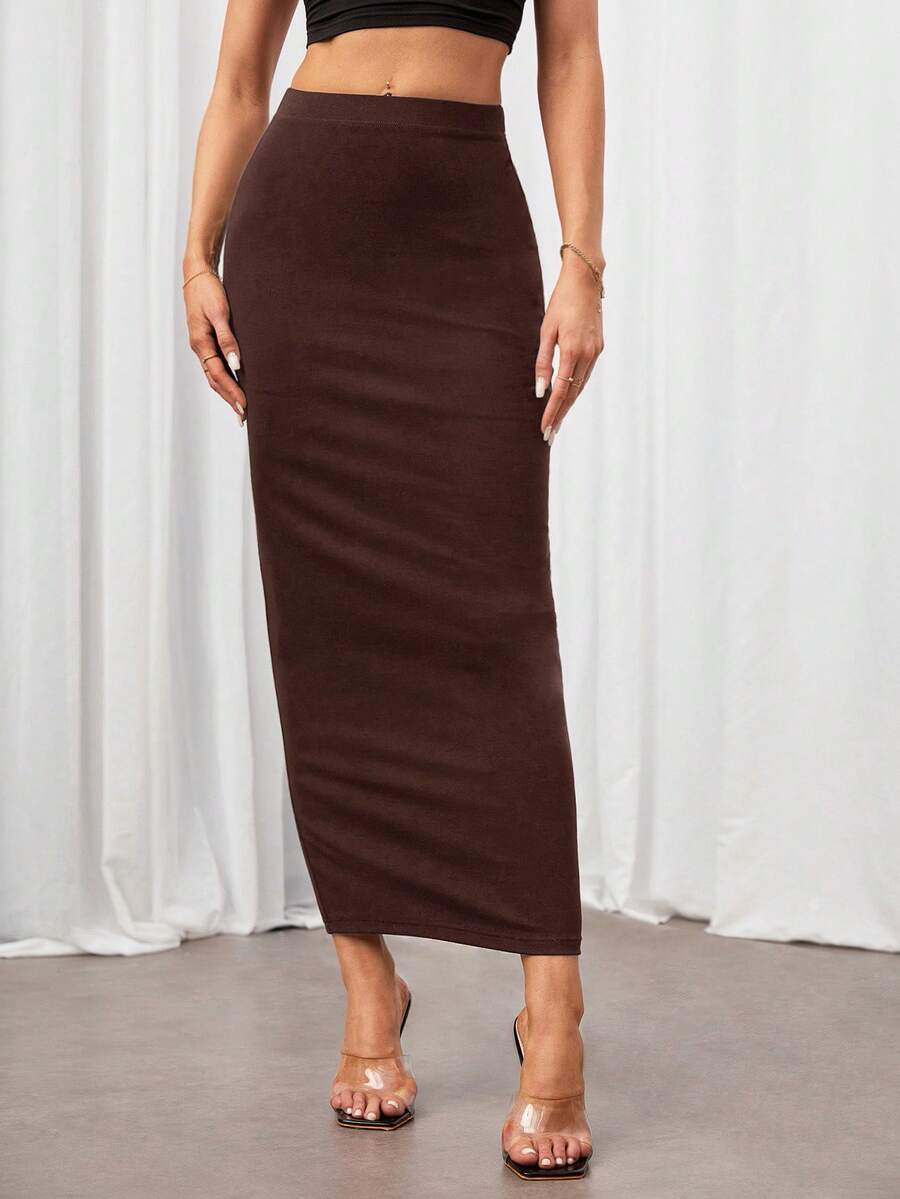 SHEIN Tall 优雅纯色修身半身裙，适合通勤穿着。 - 棕色 - 查看 1