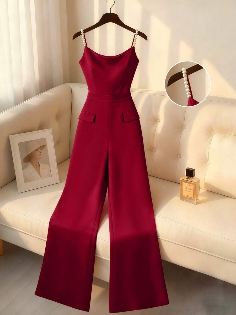 GlowEve 复古优雅新款春夏性感时尚优雅酒红色吊带铆钉V领收腰阔腿休闲通勤约会百搭优雅女士连体裤 - 酒紅色 - 查看 1