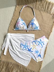 SHEIN Teen Girls 3pcs/Set Summer Holiday Random Print Textured Shell Accessory Triangle Bikini Top And High-Cut Swim Bottoms, Sexy Swimsuit Set