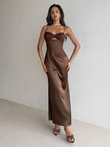 Aloruh Women's Elegant Lace Cup Detail Satin Waist Fitted Brown Dress, Suitable For Valentine's Day, Date, Birthday,Women Dating Dress,Women Night Out Dress,Summer Dresses For Women, Honeymoon Outfits Woman .Women Wedding Guest Dress. Island Vacation Outfits,Wedding Guest Dress Women ,Sun Dresses For Women ,Elegant Dresses For Party, Birthday Dresses For Women,Valentines Day Dress,Weddings & Events,Wedding Party Dress - Brown - View 4