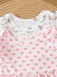 Adorable Baby Girls Short Round Neck Ruffle Sleeve A Line Flared Dresses With Plant And Heart Patterns - Multicolor - View 5