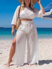 Swim Lushoire Plus Size Loose Kimono Cover Up Set, Vacation Style - White - View 4