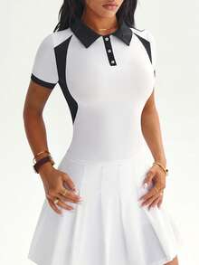 With My Calm 女士撞色拼接短袖马术上衣 - 黑與白 - 查看 7