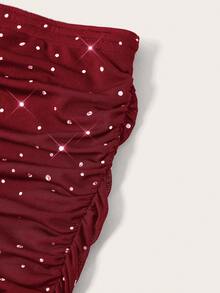 SHEIN EZwear 两件套黑色针织性感网纱亮片装饰女士迷你裙套装，适合派对穿着 - 酒紅色 - 查看 4