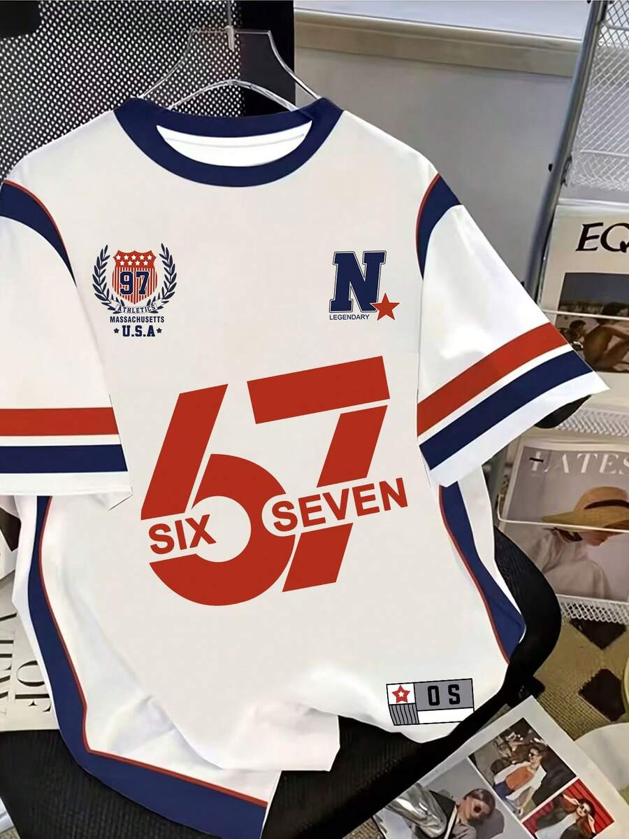 Manfinity Dauomo 男士字母印花圆领休闲宽松T恤 - 彩色 - 查看 1