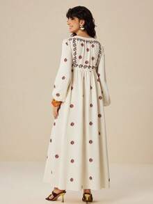 Felipe Marques Women's Floral Print Long Sleeve Loose Long Dress, Casual For Spring/Autumn, Vacation, Party, Beach - Apricot - View 2