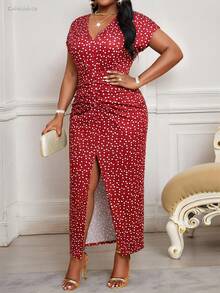 SHEIN Lady Plus Size Women's Polka Dot V-Neck Ruched Slit Design Elegant Waist Cinched Party Dress - Red - View 4