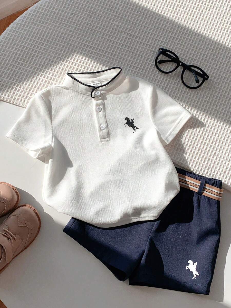 SHEIN Bequemes Poloshirt für Kleine Jungen in Unifarbe mit Kurzarm, geeignet für Frühling und Sommer, ideal für Outdoor, Schule, Straßenmode, Partys und Alltag Outfit, hohes Preis-Leistungs-Verhältnis - Weiss - Übersicht 1