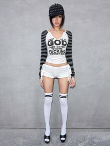 ROMWE Avant Camiseta de manga larga con estampado de bloque de color, rayas y logotipo de letra, estilo retro punk pionero para mujer - Multicolor - Ver 2