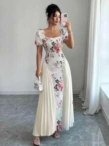Elenzga Robe mi-longue élégante pour femmes, style français léger pour les vacances, les voyages, et les sorties. Design contrasté Top de gamme avec motif floral rose. Idéale pour la Saint-Valentin et les rendez-vous. Avec manches bouffantes et col carré plissé. - Multicolore - Voir 5