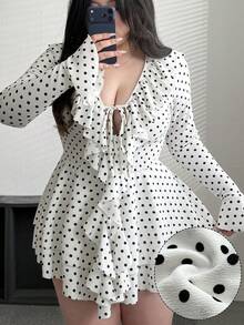 Vibekara Vestido Curto Casual Elegante e Sexy com Decote em V, Estampa de Bolinhas Brancas e Silhueta em A, Adequado para Outono, Inverno e Primavera, em Tamanhos Plus Size