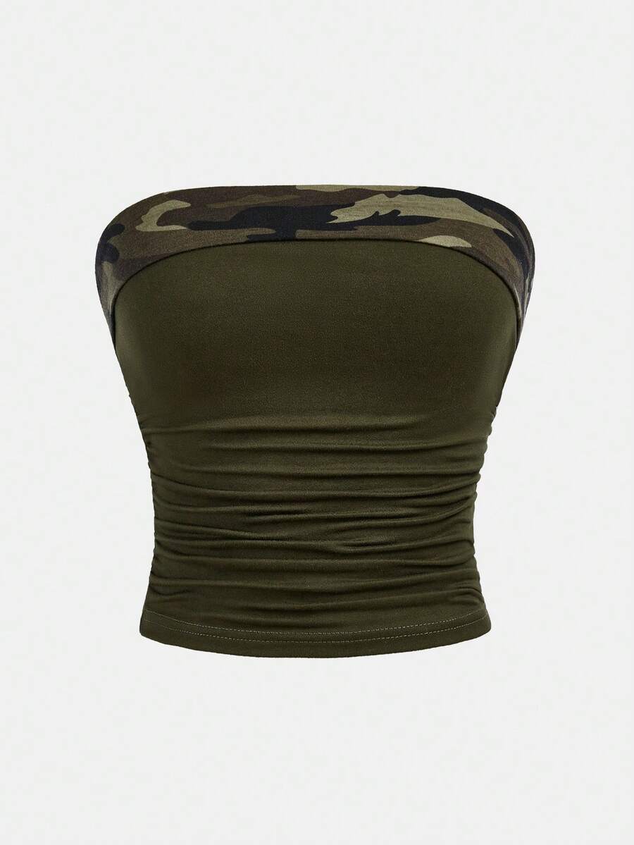 SHEIN Girlism Teen Girl Knit Patchwork Leopard Print Ruched Casual Camisole - Army Green - View 1