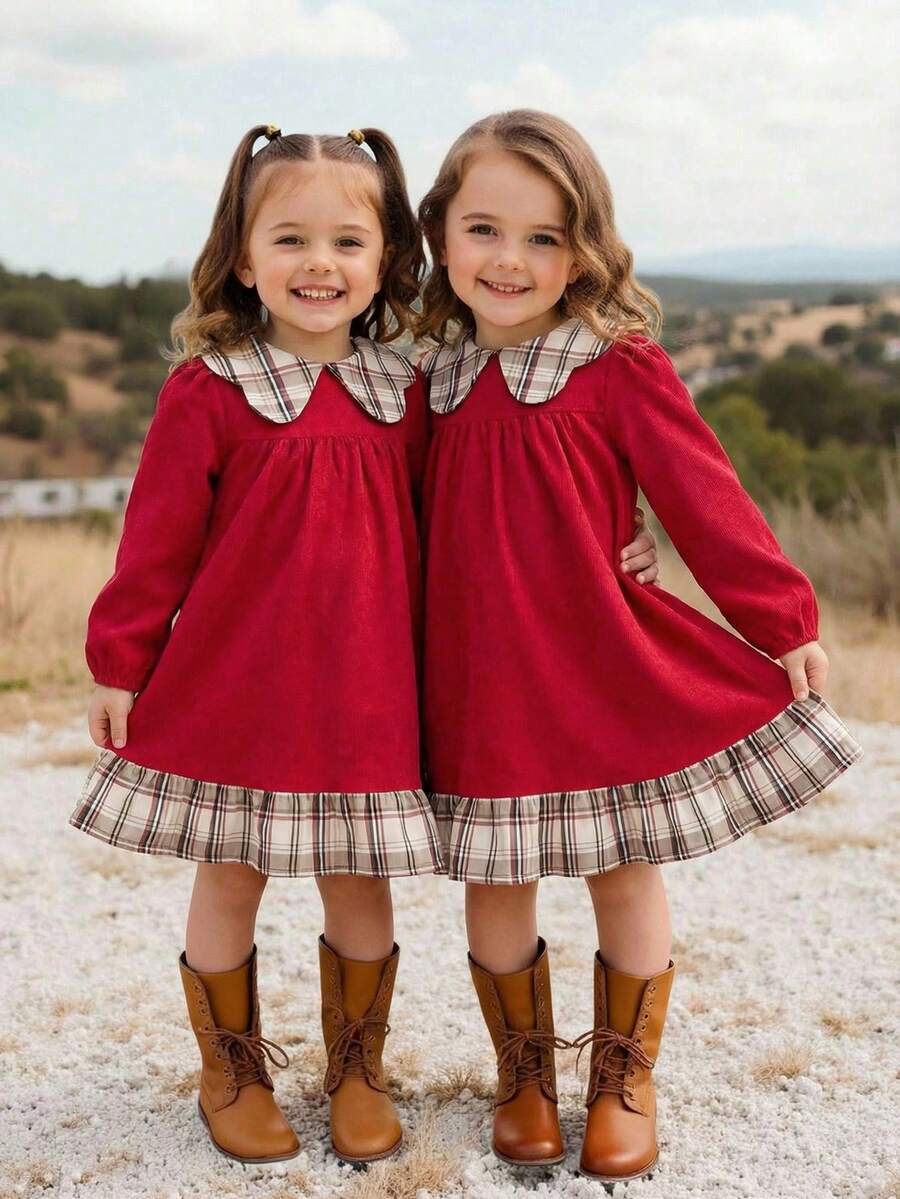 Emery Rose Kids Emery Rose Kids Young Girl Corduroy Patchwork Lace Peter Pan Collar Long Sleeve Dress,, Long Sleeve Fitted Casual Cake A-Line Dress,Autumn Winter New Arrival,Young Girl , Daily Wear, School, Autumn & Winter,Pairing White Shirt,Back To School Season.College Style, For Christmas, Girls Winter Clothes,Christmas Clothes, Party Wear, Daily Wear School Daily, Birthday Clothes, Princess Clothes,Mom And Daughter & Sisters Matching,For Halloween.Red Dress. - Multicolor - View 1