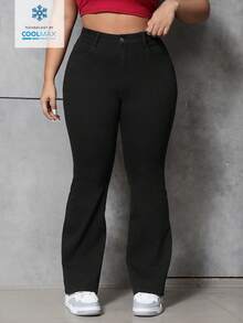 SHEIN ICON 大码纯色修身休闲喇叭牛仔裤 - 黑色 - 查看 1