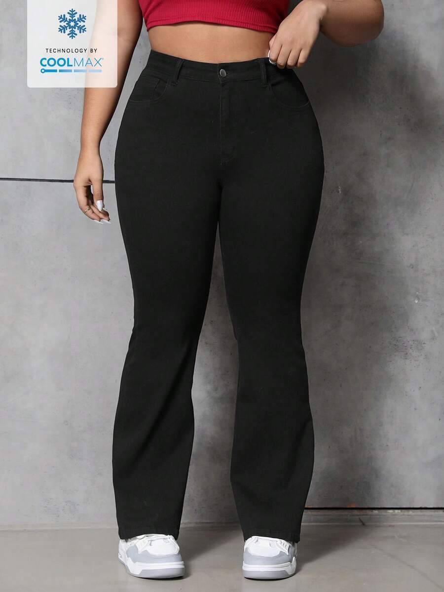 SHEIN ICON 大码纯色修身休闲喇叭牛仔裤 - 黑色 - 查看 1