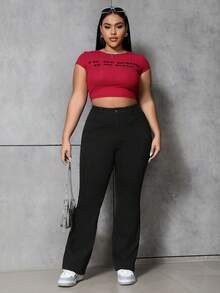 SHEIN ICON 大码纯色修身休闲喇叭牛仔裤 - 黑色 - 查看 4