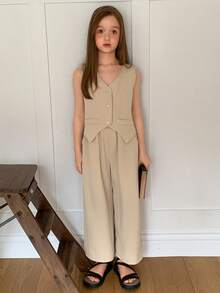 DAZY 2pcs Tween Girl Tween Girls Solid V-Neck Sleeveless Vest + Wide Leg Pants Set, Fall - Apricot - View 6
