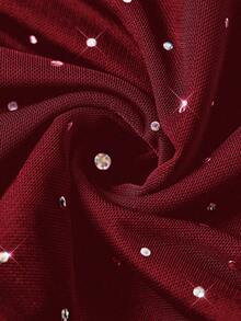 SHEIN EZwear 两件套黑色针织性感网纱亮片装饰女士迷你裙套装，适合派对穿着 - 酒紅色 - 查看 5