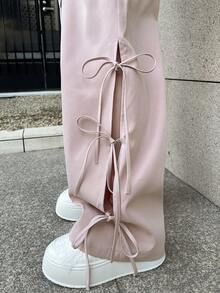 FRIFUL 女士弹力腰带蝴蝶结镂空系带装饰休闲工装裤，粉色 - 粉色 - 查看 2