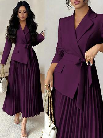 Rafferiza 女士休闲百搭通勤拼接西装领长袖收腰褶裥中长连衣裙，秋冬款