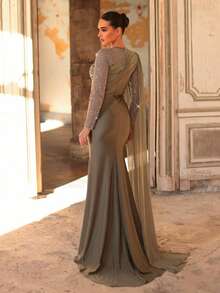 Aureia Elegant And Glamorous, This Dress Features A Muted Pinkish-Green Color, Sequined Lace, Stretch Knit, Chiffon, And Ruched Details. It Has A Round Neck Long Sleeves, Flowing Slits, And A Fishtail Train. Suitable For Formal Occasions, Evening Gowns, And Elaborate Evening Wear.,Wedding Guest Dress For Women, Valentine's Day - Green - View 4