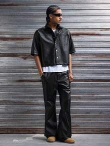 AXEPEAK Conjunto de camisa de manga corta con bolsillo delantero y pantalones casuales de verano para hombre - Negro - Ver 3