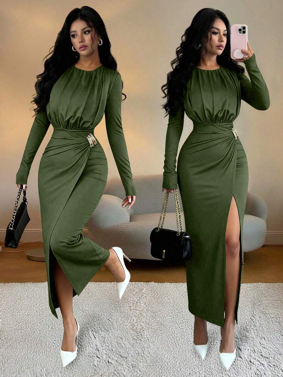 SHEIN Elenzya Vestido de manga larga elegante y versátil para uso diario, fiesta de Navidad, Año Nuevo y negocios, con cintura ceñida, decoración metálica y estilo vintage francés, en color marrón, para otoño/invierno - Verde militar - Ver 1
