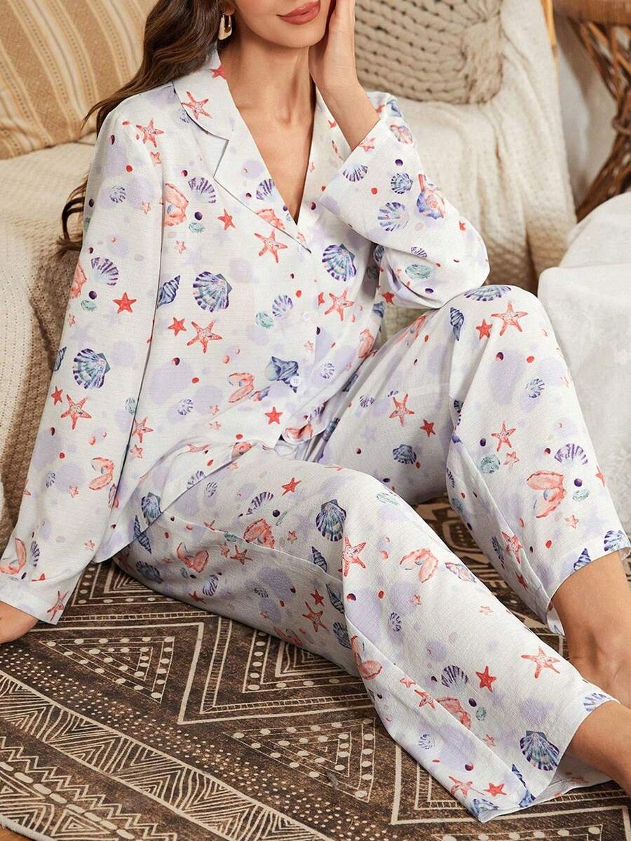 Serenescape Women Loose Comfortable Ocean Print Lapel Long Sleeve Pajama Set Lounge Sets For Women Sleepwear Women Pj Sets Floral Pj Set Pajamas Set For Woman - Multicolor - View 1