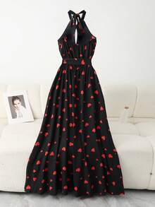 SHEIN Unity Elegant Black And Red Summer Halter Neck Long Dress,Valentine's Day Heart Print Metallic Rose Date Party Dress For Women - Black - View 2