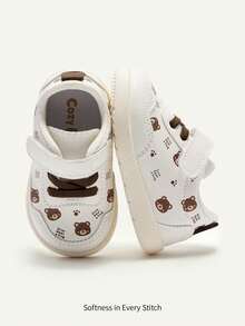 Cozy Pixies 1 Pair Of Baby Boys White Cute Sneakers Fun Cute Cartoon Bear Print Casual Basic Versatile Suitable For Daily Wear, Outdoor Play And Sports Four Seasons (Random Pattern) - White - View 1