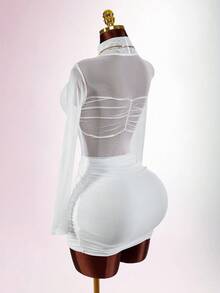 Amplova 女士秋季时尚长袖褶皱修身迷你连衣裙 - 白色 - 查看 7