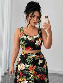 Rometta 大码复古、优雅、浪漫、度假风，黑色和彩色花卉印花露脐修身无袖上衣搭配高腰开衩长裙两件套，可拆分搭配，日常百搭，适合夏季、返校季、毕业典礼、假期、情人节、音乐节、母亲节、万圣节、感恩节、复活节、国庆节、圣诞节、晚会、约会、派对、郊游等场合。 - 彩色 - 查看 5
