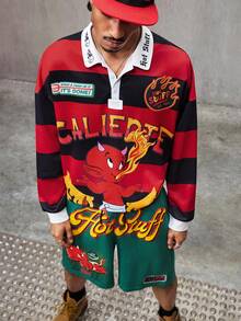 SHEIN HOT STUFF Men's Casual Fashion Street Style Everyday Commute Cartoon Letter Stripe Pattern Long Sleeve Polo Collar Sweatshirt And Drawstring Waist Shorts Set, Spring/Summer/Autumn - Red - View 3
