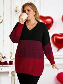 EMERY ROSE Autumn/Winter Women Plus Size Contrast Color V-Neck Drop Shoulder Casual Pullover Sweater Fall - Multicolor - View 4
