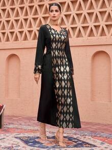 Al Najma Women's Elegant Metallic Geometric Pattern Waist Tie Dress, Suitable For Arabic Party And Celebration - Black - View 3