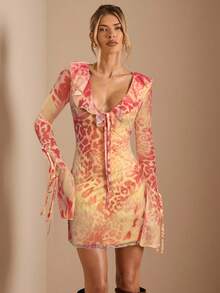 SHEIN BAE Đầm ngắn ôm sát người nữ họa tiết da báo ombre cổ chữ V sâu, buộc dây phía trước, tay bồng, thích hợp cho mùa xuân/hè. - Màu vàng - Xem 5