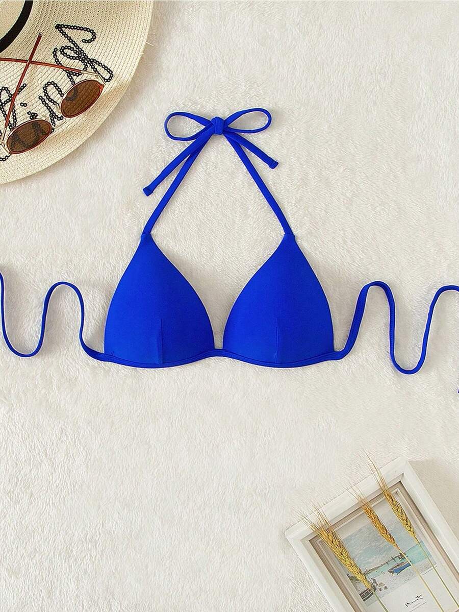 Swim Basics Top de bikini de un solo color con cuello halter y espalda descubierta - azul real - Ver 1