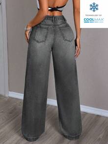 SHEIN PETITE Solid Color Slant Pocket Casual Versatile Straight Leg Jeans - Grey - View 2
