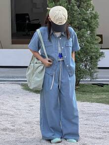 DAZY Tween Girl Casual Everyday Commute Fashion Street Loose Drop Shoulder Denim Shirt And Drawstring Waist Wide Leg Jeans Set, Spring/Summer/Autumn - Blue - View 5