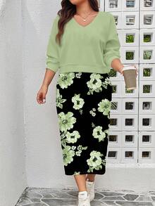 SHEIN LUNE 大码女式花卉印花 V 领短款运动衫和连衣裙 2 件套，秋冬季休闲装