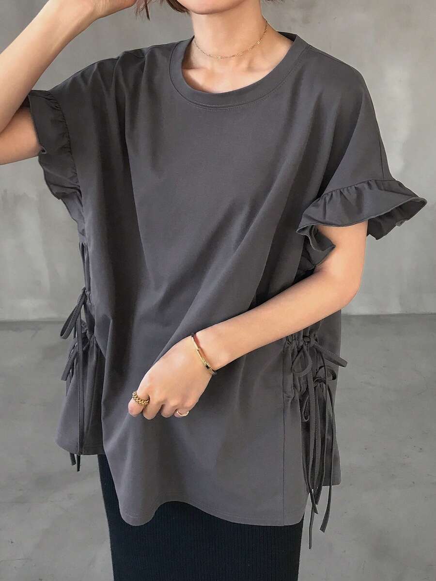 FRIFUL Women's Round Neck Ruffle Splice Loose Side Slit Criss-Cross Tie Solid Color Casual Short Sleeve T-Shirt - White - View 1