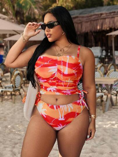 Swim Vcay Plus Size Women Coconut Tree Detachable Strap Bandeau Top & High Waist Bottoms Bikini Set, Sexy Beach Holiday