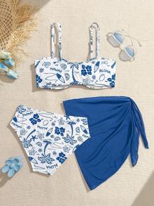 SHEIN 少女碎花印花可调节肩带泳衣，适合海滩、度假、游泳。女童三件套泳衣，女童沙滩套装，女童碎花泳衣，女童泳装，保守比基尼套装，沙滩夏季泳装，三角比基尼，少女比基尼三件套，三件套比基尼套装，三件套泳衣，两件套泳衣，少女泳装，两件套度假两件套，三件套泳衣，带纱笼裙的比基尼套装。 - 藍色 - 查看 2