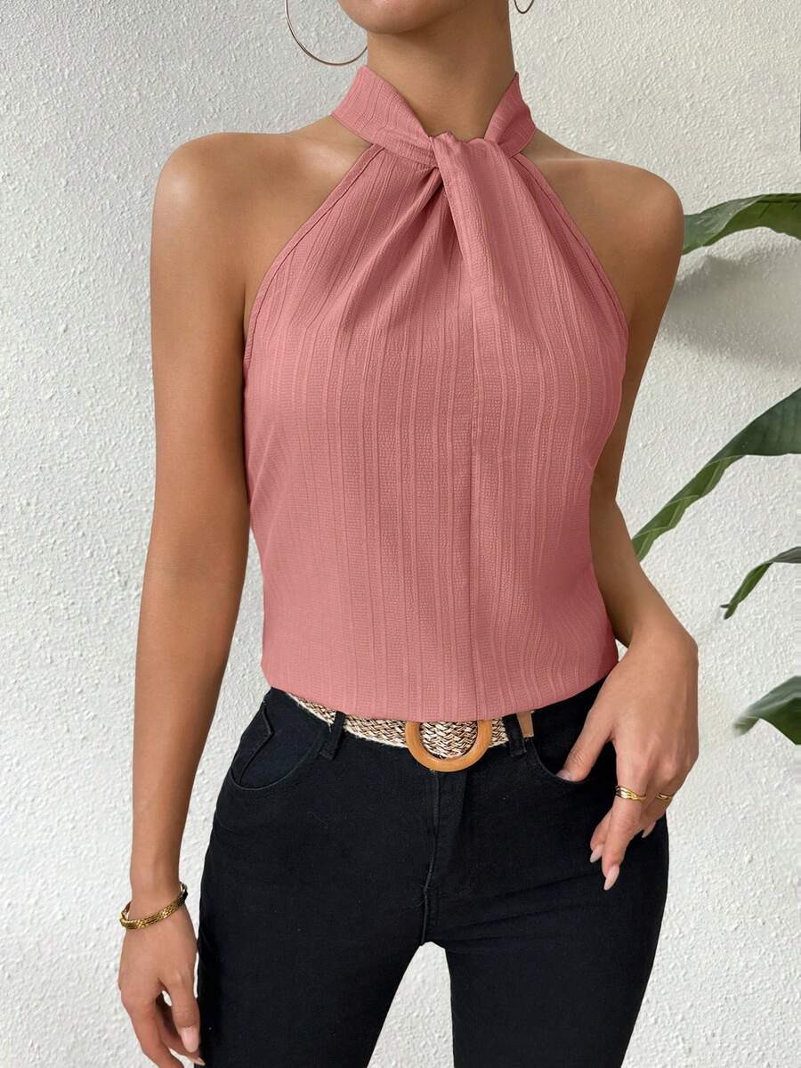 Chiquease Áo sơ mi hở vai không tay màu trơn thanh lịch dành cho quý cô, áo không tay - Màu hồng gỉ - Xem 1