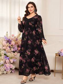 Modelyn Romantic Chiffon Floral Print Long Sleeve A-Line Maxi Dress, Plus Size, Spring/Summer - Multicolor - View 4