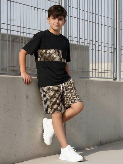 Vacaura Conjunto de camiseta de manga corta y pantalones cortos con estampado para adolescentes varones